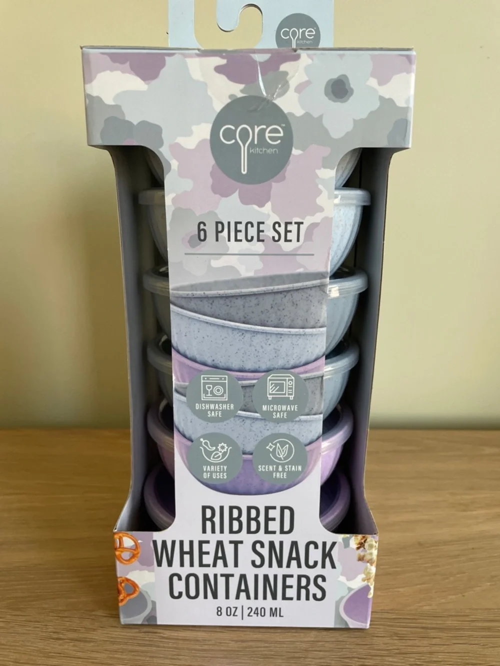 CORE KITCHEN RIBBED WHEAT SNACK CONTAINERS 6 Piece Set (8 oz / 240ml) New in Box